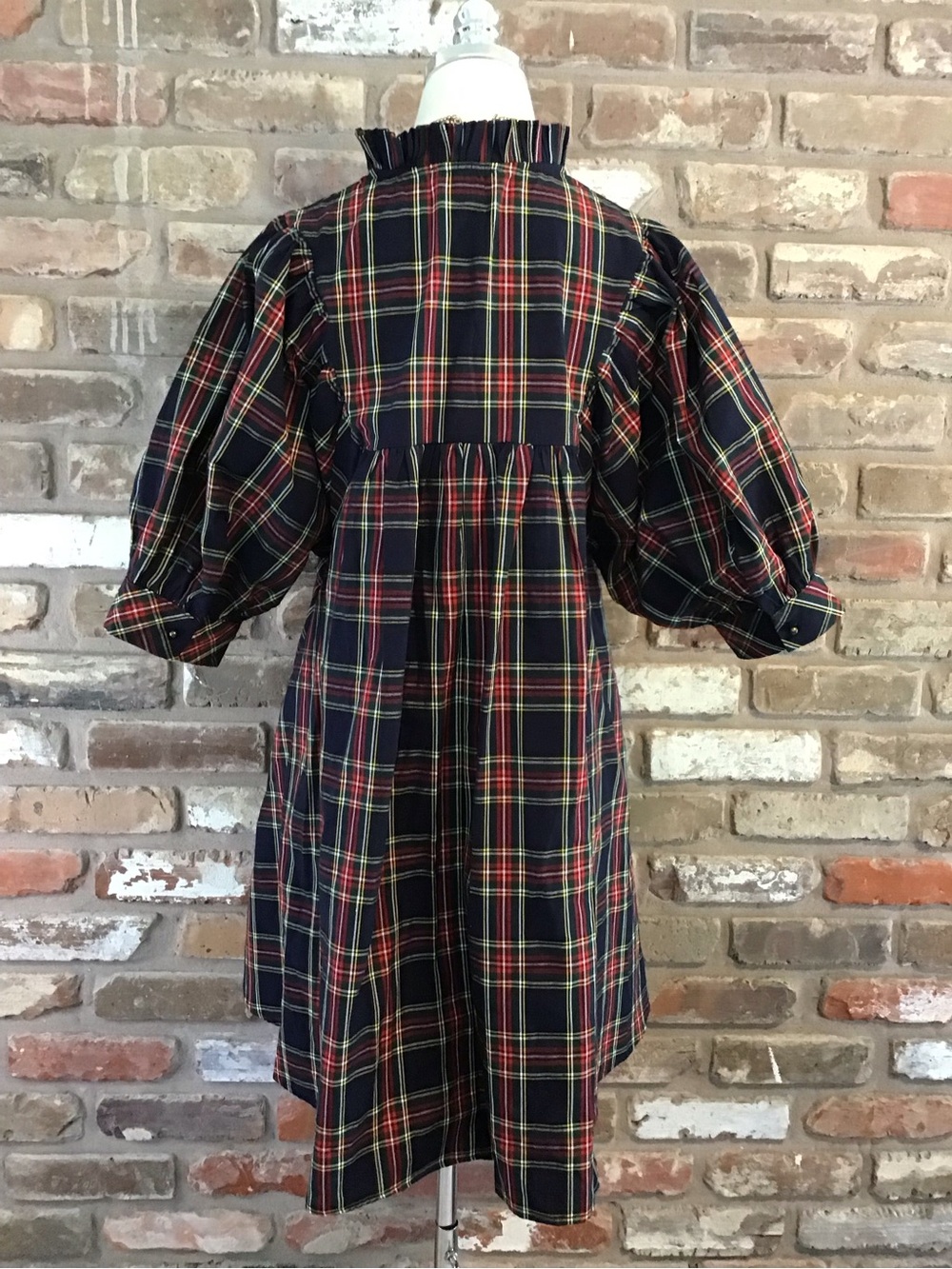 ENTRO Women's Navy Plaid Tartan Puff Sleeves Ruffle V-neck Mini Dress L NEW - Picture 4 of 8